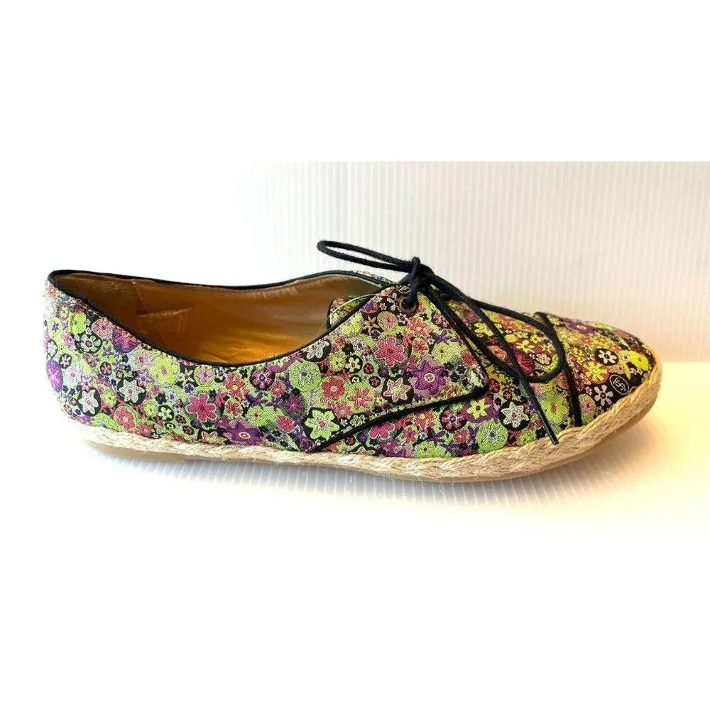 Tabitha Simmons Purple & Green Floral Espadrille Lace-Up Flats Sz 8.5 US 39 EUR